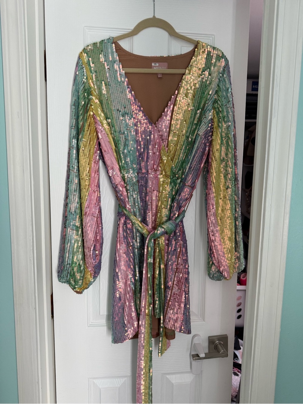 Show Me Your Mumu Wear Me Out Rainbow Sequin Wrap Mini Dress Pastel Size L